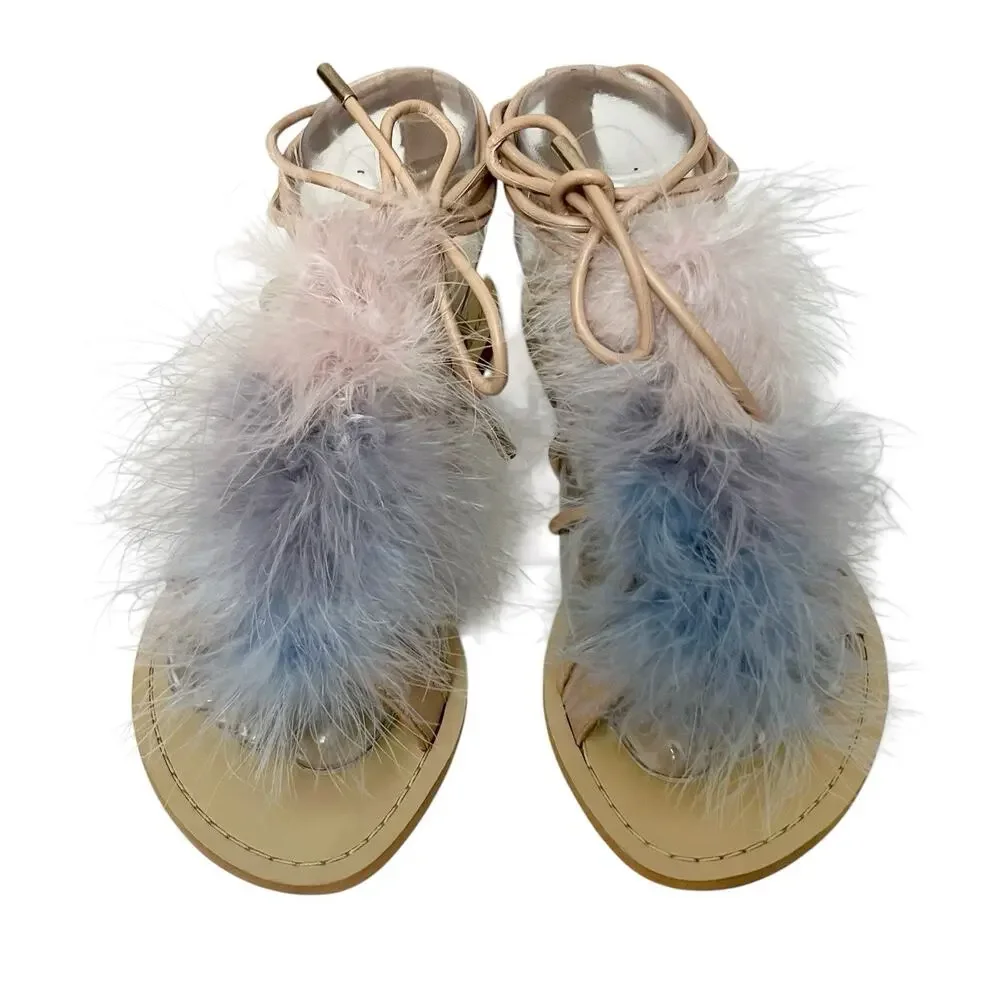 Zara Feather Gladiator Sandals 36EU/6US Tan Multi Lace Up Ankle Strap Boho Flat - Picture 2 of 9